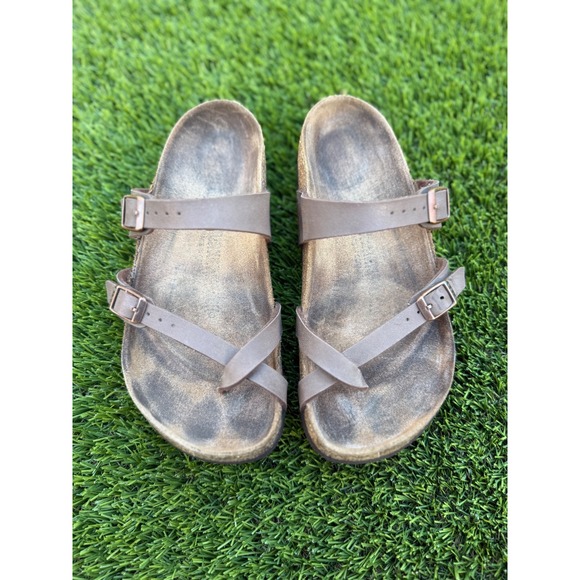 Birkenstock Mayari Soft Footbed Two Strap Sandals Taupe Birko Flor Women Size 38 - Picture 1 of 6